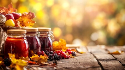 Different type of home made jam on wooden table and autumn leaves on background 