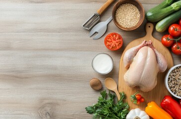 Fresh chicken surrounded by vegetables and herbs on a wooden kitchen countertop