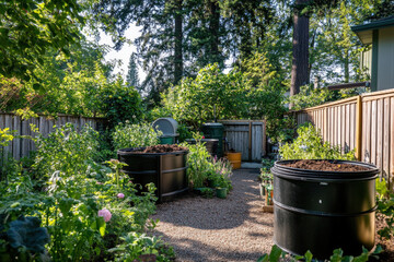 Obraz premium Multiple compost bins standing in a lush garden are composting bio waste and turning it into rich fertilizer