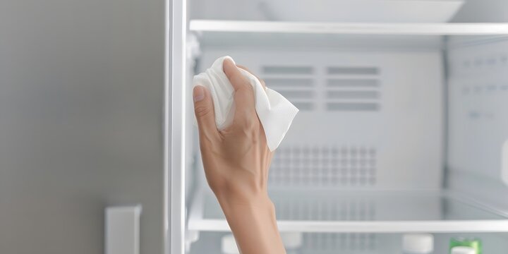 Woman Cleans Refrigerator Handle Using Disinfectant Wipe
