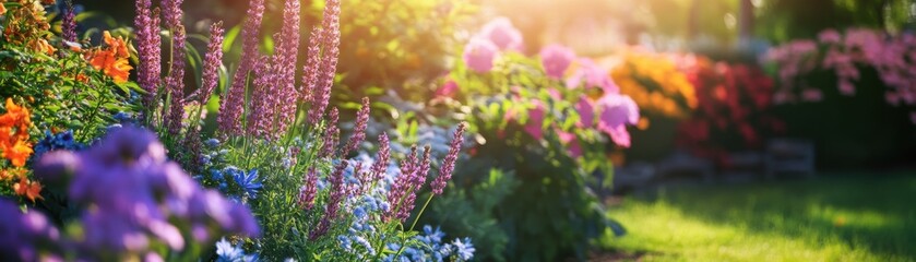 Obraz premium Vibrant garden scene illuminated by sunlight, showcasing colorful flowers in full bloom against a lush green background.