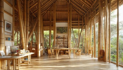Fototapeta premium Bamboo room with a table and chairs.