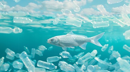 Fish and plastic water bottles underwater ,Plastic Pollution Concept.