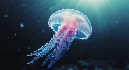 Naklejka premium Ethereal jellyfish gliding in deep blue water illuminated by soft light