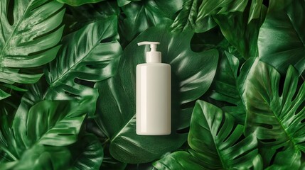 Organic Shampoo Bottle Surrounded by Green Leaves. AI generated image