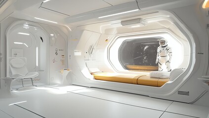 Astronaut in spaceship looking out at stars.