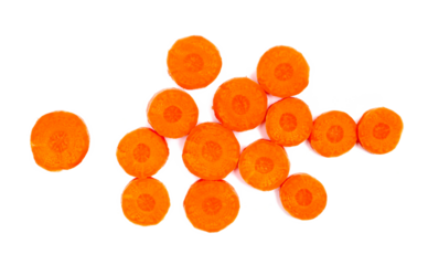 Carrot slices isolated on white, top vie