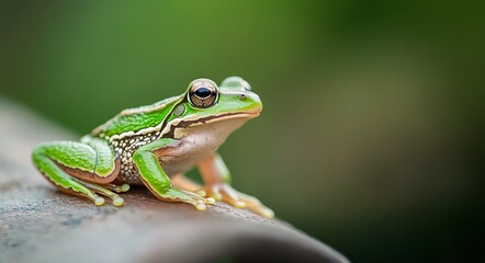 Fototapeta premium A close-up of a green and brown frog resting on a knitted garment in a natural setting