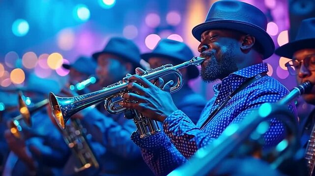 On stage, a jazz band performs.