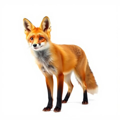 Fototapeta premium A curious red fox standing alert, with its ears perked up and tail slightly raised, on a white background.