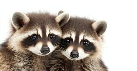 Obraz premium Two young raccoons snuggling together against a white background
