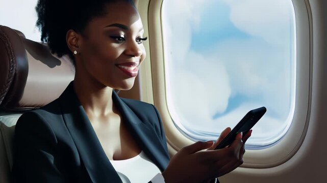 Professional woman using smartphone while seated on a plane during daytime travel