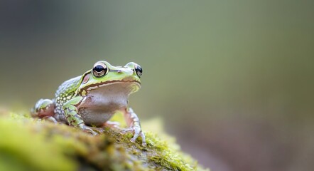 Obraz premium A close-up of a green and brown frog resting on a knitted garment in a natural setting