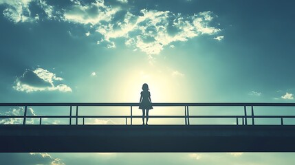 A solitary woman stands on a bridge, her silhouette a stark contrast against the bright sky.