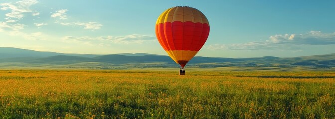 Hot air balloon with passengers flying under green field nature forest composition background