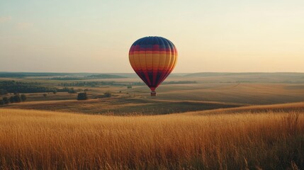 Obraz premium Hot air balloon with passengers flying under green field nature forest composition background