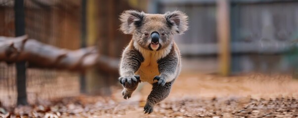 Obraz premium Koala bear captured mid-air, leaping in a playful and dynamic pose. Free copy space for text.