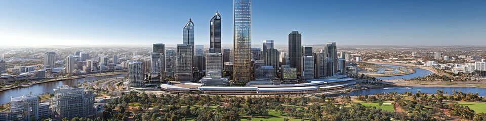 Fototapeta premium Panoramic View of a Modern Urban Skyline Featuring High-Rise Skyscrapers, Urban Green Spaces, and a Riverbank on a Clear Day