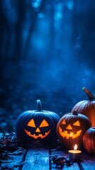 Carved halloween pumpkins, glowing candles, spooky night