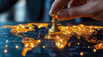 A strategic chess move symbolizes global influence over a glowing map, representing tactics and decisions in a competitive environment.