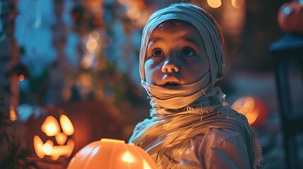 Obraz premium A young boy dressed as a mummy for Halloween, looking up with a curious expression, holding a jack-o-lantern in front of him.