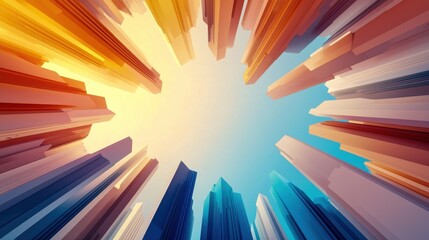 Obraz premium An artistic view of colorful skyscrapers reaching towards a bright sky, creating a vibrant urban atmosphere.