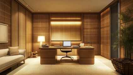 Modern minimalist office with wood accents.
