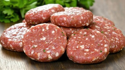 Obraz premium Lab-Grown Meat Patties on Wooden Surface - Cultured Meat for Sustainable Future, Food Innovation Concept