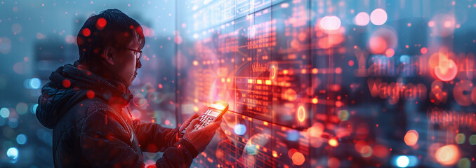 man is typing on a computer keyboard in front of a monitor displaying financial data. The man is focused on his work, possibly analyzing the data or making a trade