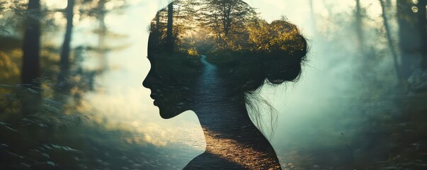 Silhouette of a woman with a forest scene inside her head, symbolizing connection to nature.