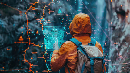 Obraz premium A hiker studies a digital map projected in front of them amid rugged mountains at dusk