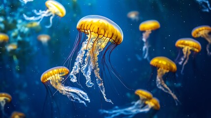 Obraz premium Jellyfish swimming in ocean sealife concept composition background 