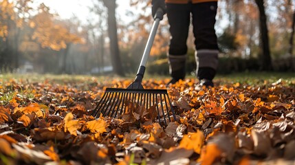 Raking Leaves in the Warm Autumn Sun. AI generated image