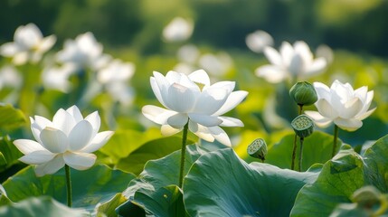 Fototapeta premium White lotus bloom flowers composition background 