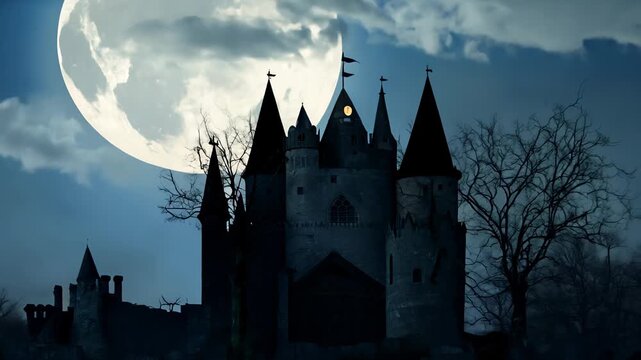 Spooky haunted castle under a full moon at midnight