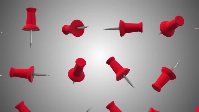 Red Push Pins Falling on a White Background. Push Pins 3D Icon. 4K