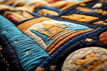 Close-up of intricate embroidery with colorful threads and detailed designs.