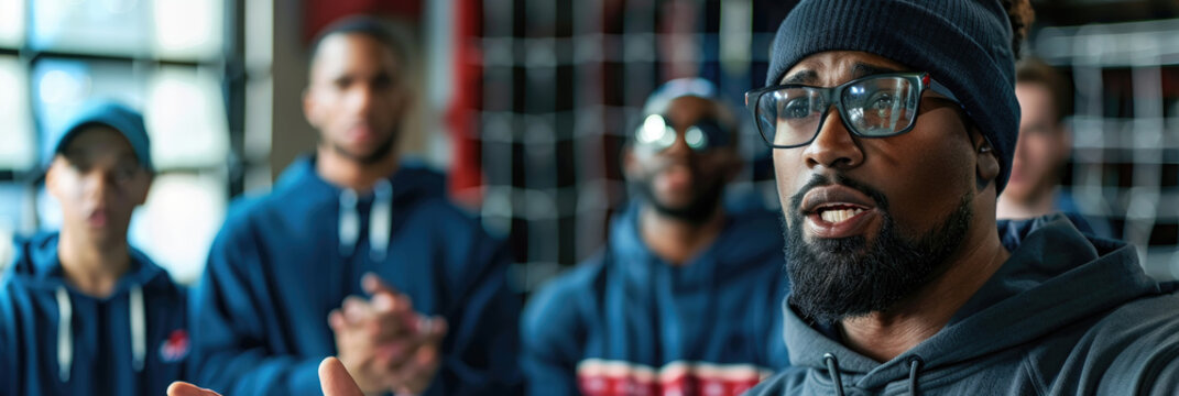A coach passionately addresses a group of attentive players during a team meeting indoors