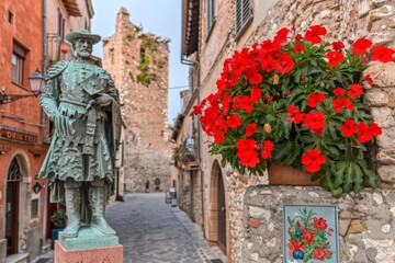 Fototapeta premium An image of a regal castle courtyard with elegant statues, cobblestone paths, and a sense of historical opulenc