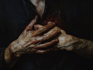 Fototapeta premium Capture the essence of agony in a close-up shot of a persons hands clutching their chest, emphasizing the physical manifestation of pain and ache in a detailed photorealistic style