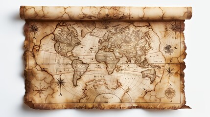 A vintage, rolled-up world map with compass roses and handwritten text, revealing the continents of the world in an aged, parchment-like texture.