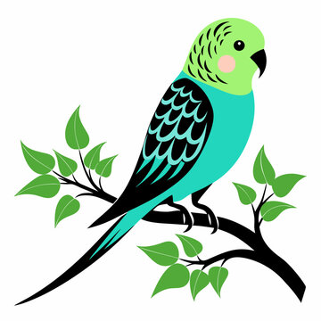 recommend clip art: A budgerigar silhouette vector style with a tree branch on a white background.