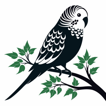 recommend clip art: A budgerigar silhouette vector style with a tree branch on a white background.
