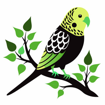 recommend clip art: A budgerigar silhouette vector style with a tree branch on a white background.