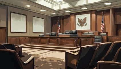 American eagle, flags, wooden podium, and chairs.