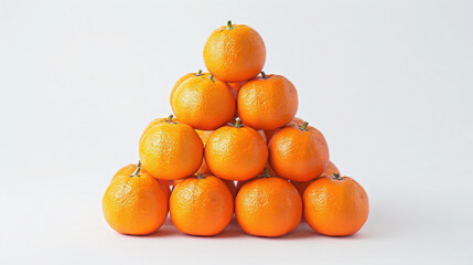 /imagine: A pyramid of tangerines stacked neatly on a solid white background. 4k, full ultra hd, high resolution.