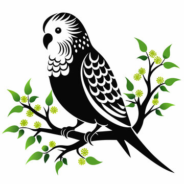 recommend clip art: A budgerigar silhouette vector style with a tree branch on a white background.