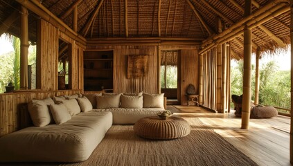 Bamboo hut with couch and woven rug.