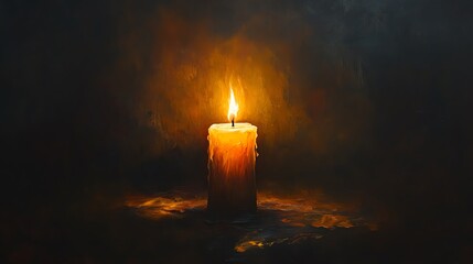 Single candle burning brightly in the darkness.