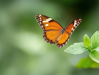 Fototapeta premium Close-up of a butterfly's proboscis while hovering, caught in mid-air with a blurry background, offering enough space for text insertion.